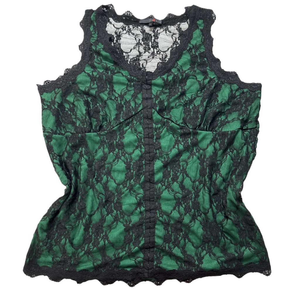 Y2K MXM women's black + green lace lined sleeveless top, 2X.